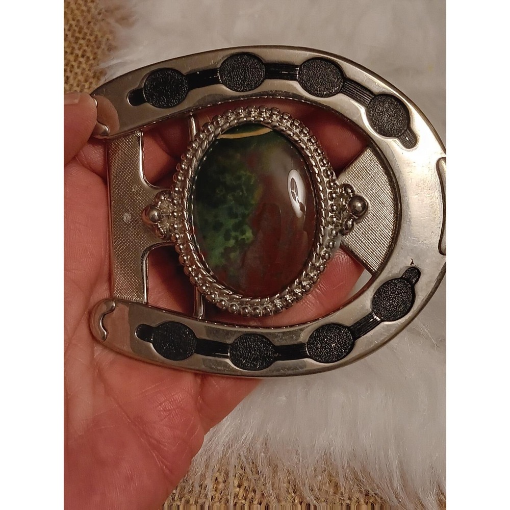 RARE and Unique Vintage Horse Shoe Belt Buckle with Green Stone Centerpiece